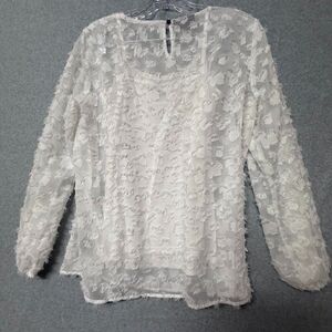 Alfani Top Blouse White Illusion Peasant Sleeve Boat Neck Size S